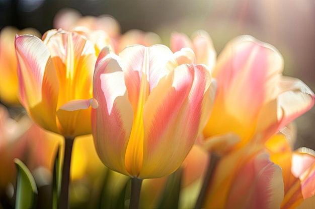 Aproximação de delicadas pétalas de tulipa de primavera com raios solares brilhando