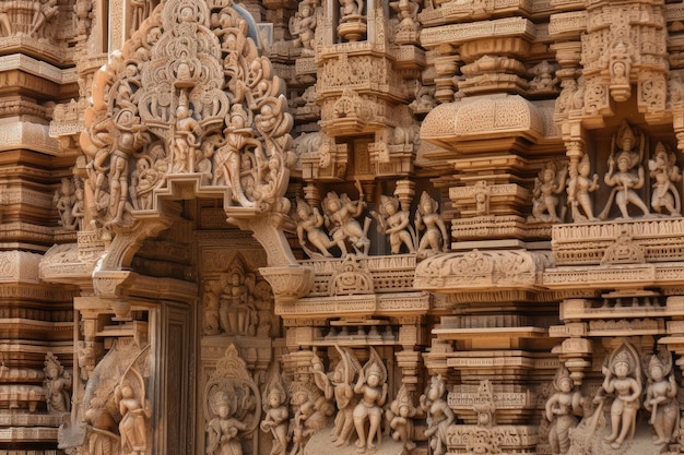 Aproximação de detalhes intrincados em um templo hindu, incluindo entalhes e esculturas