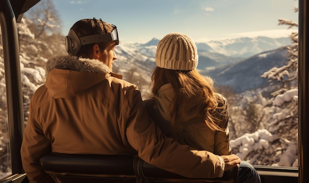Aproximação de dois snowboarders de homens e mulheres em um teleférico de manhã desfrutando de belos
