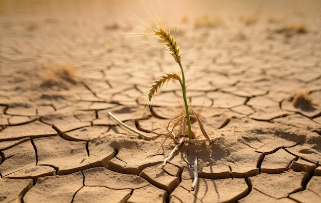 Aproximação de duas espigas de trigo secas em solo seco rachado desertifica