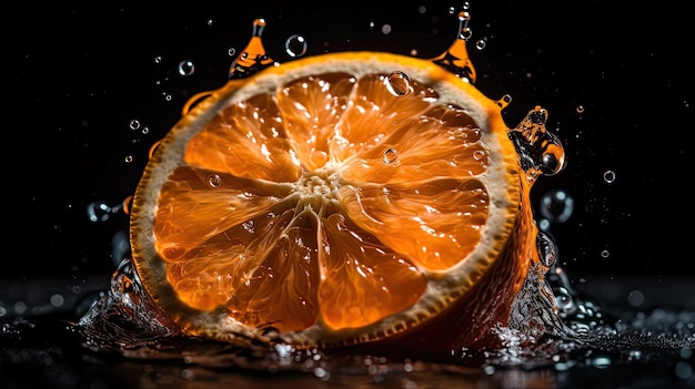 Aproximação de fatias de frutas laranjas atingidas por salpicos de água com fundo preto desfocado
