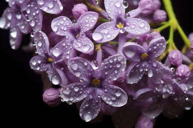 Aproximação de flores lilás com gotas de orvalho criadas com ai generativo