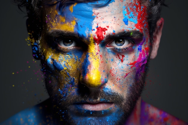 Aproximação de homem com pintura facial multicolorida em fundo escuro generativo ai