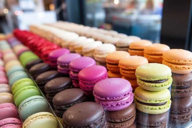 Aproximação de macarons coloridos cuidadosamente organizados em uma vitrine criada com IA generativa