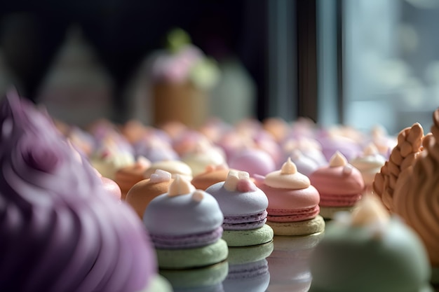 Aproximação de macarons coloridos na mesa gerada por IA