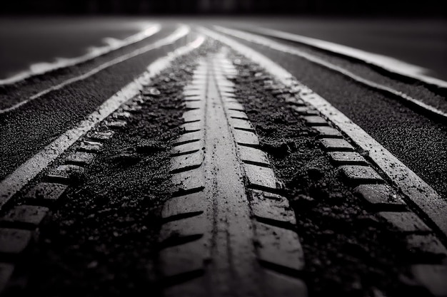 Aproximação de marcas de pneus em asfalto recém-colocado em uma estrada