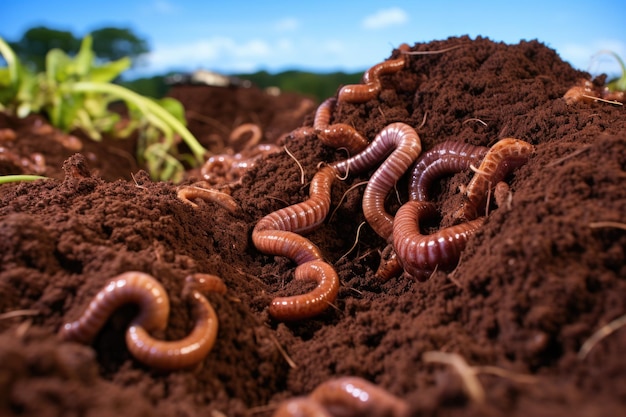 Aproximação de minhocas em solo rico em composto dentro da fazenda