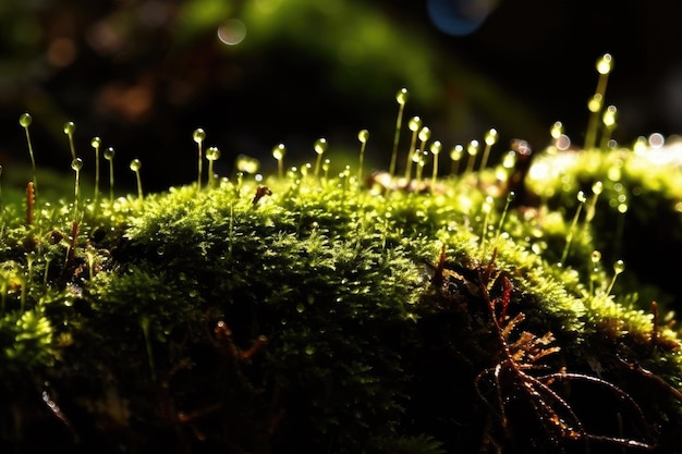 Aproximação de musgo com gotas de água brilhando à luz do sol