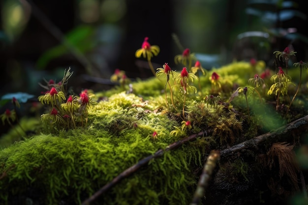 Aproximação de musgo na floresta com um toque de cor de flores silvestres