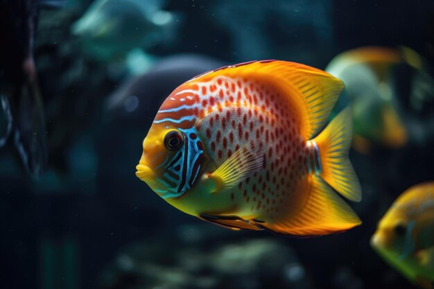 Aproximação de peixes tropicais coloridos nadando em tanques marinhos criados com geração de ai