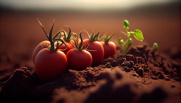 Aproximação de tomates maduros crescendo no solo Generative AI