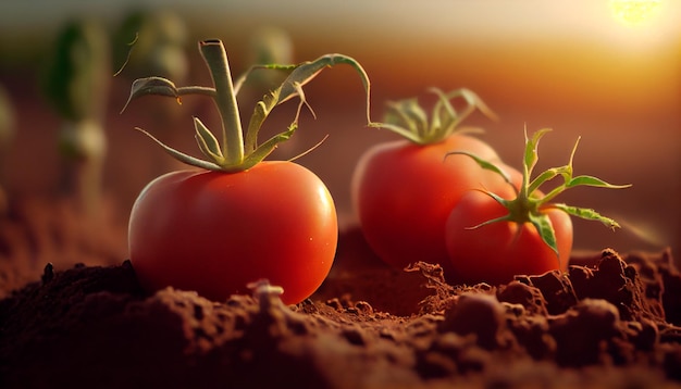 Aproximação de tomates maduros crescendo no solo Generative AI