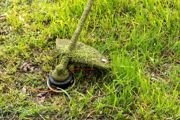 Aproximação de um aparador de grama durante o corte Conceito de paisagismo