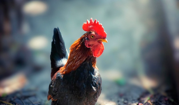 Aproximação de um galo colorido em um fundo desfocado