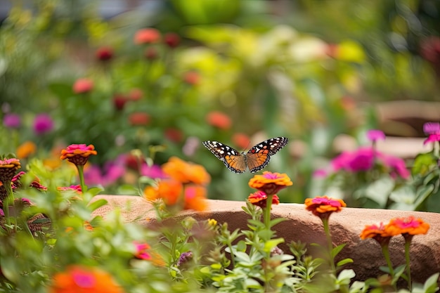 Aproximação de um jardim exuberante e colorido com borboleta empoleirada em uma flor