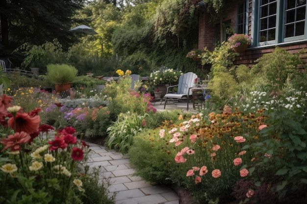 Aproximação de um jardim florido com vista para um pátio aconchegante ao fundo, criado com ai generativa