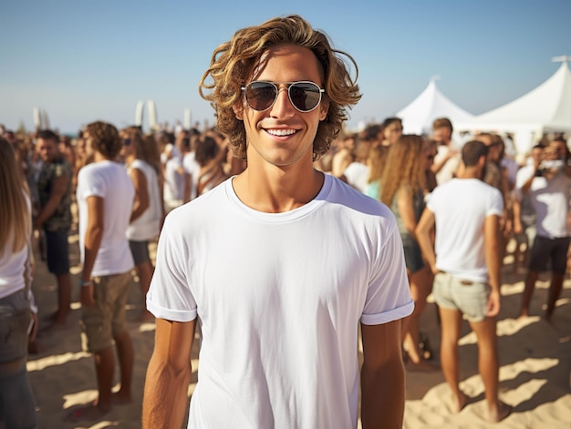 Aproximação de um jovem atraente em camiseta branca parado na praia Generative ai