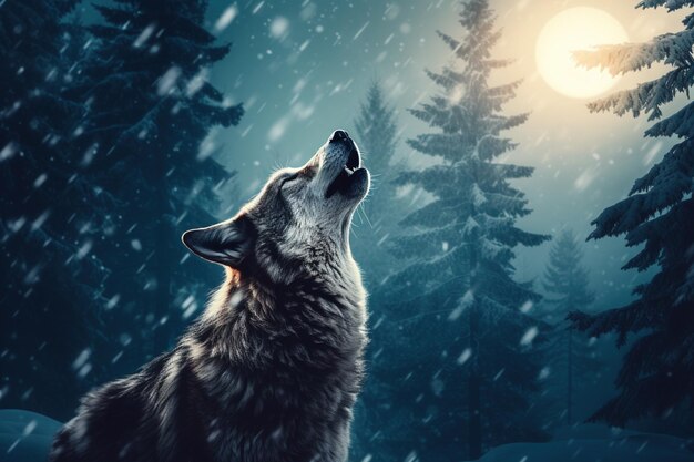 Foto aproximação de um lobo uivando para a lua cheia com sempre-vivas congeladas em silhueta ao fundo