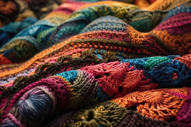Aproximação de um padrão intrincado de tricô com fios de muitas cores criados com ai generativa
