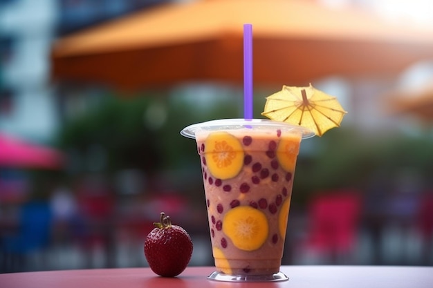 Aproximação de um smoothie de frutas refrescante com um verão guarda-chuva decorativo