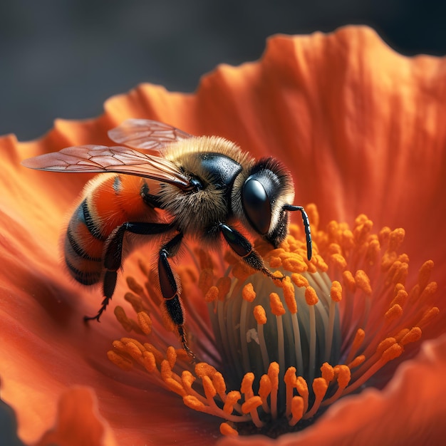 Aproximação de uma abelha em uma flor coletando pólen e geração de IA de mel