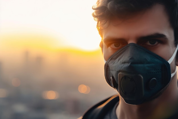 Aproximação de uma pessoa usando uma máscara com uma paisagem urbana poluída e desfocada ao fundo