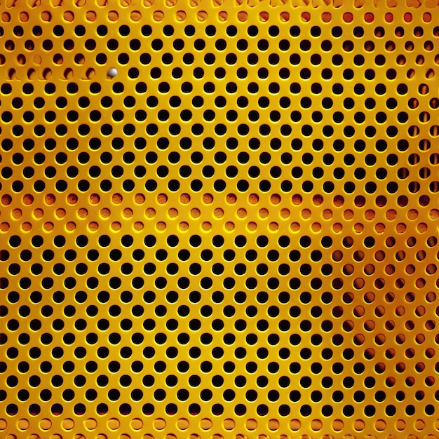 Aproximação de uma textura metálica perfurada amarela com um padrão sutil