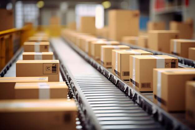 Aproximação de vários pacotes de caixas de papelão movendo-se perfeitamente ao longo de uma correia transportadora em um armazém fu