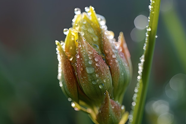 Aproximação do botão de flor florescente com gotas de orvalho e luz matinal criada com ai generativa