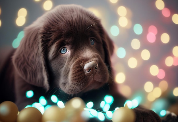 Aproximação do cachorrinho de Natal contra o fundo das luzes geradas por ai