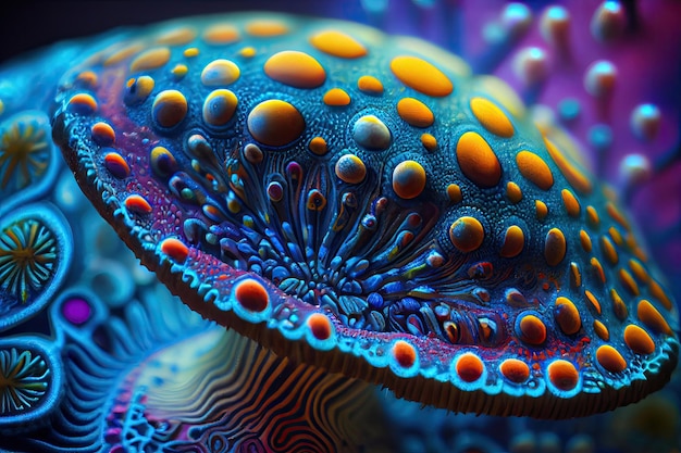 Aproximação do cogumelo mágico com padrões intrincados e cores visíveis criadas com ai generativa