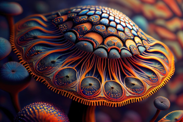 Aproximação do cogumelo mágico com seus intrincados padrões e cores visíveis criados com IA generativa