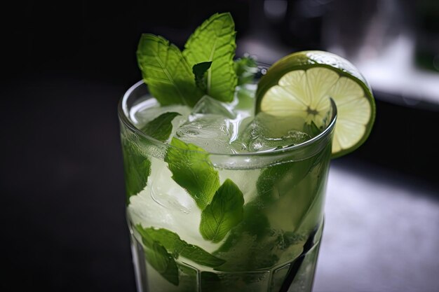 Aproximação do coquetel de mojito com fatia de limão e folhas de hortelã visíveis criadas com ai generativo