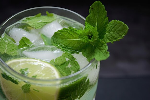 Aproximação do coquetel de mojito com folhas de hortelã e fatias de limão visíveis criadas com ai generativo