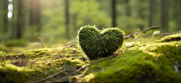 Aproximação do coração de madeira no musgo Sepultura natural na floresta IA generativa