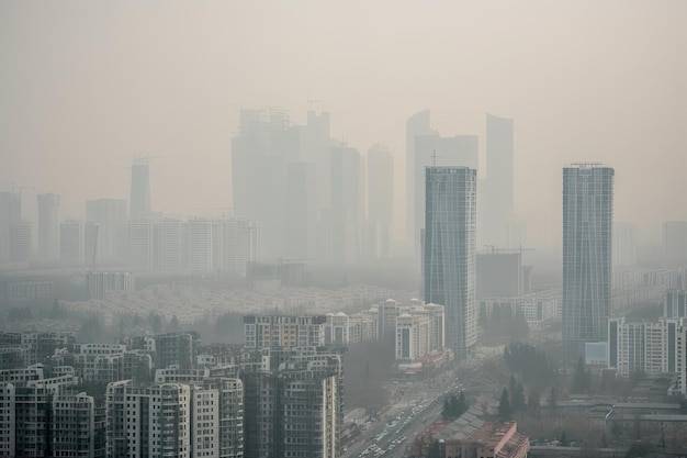 Aproximação do horizonte da cidade poluída com edifícios e estruturas visíveis