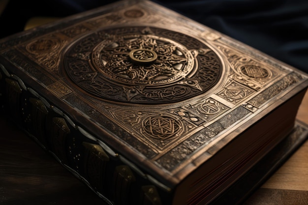 Aproximação do livro mágico com padrões intrincados e símbolos na capa