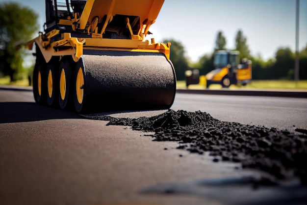 Aproximação do novo asfalto sendo colocado na superfície da estrada
