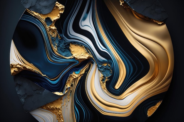 Aproximação do papel de parede da moda, textura abstrata da tinta espiritual dourada azul e brilhante Geração de IA
