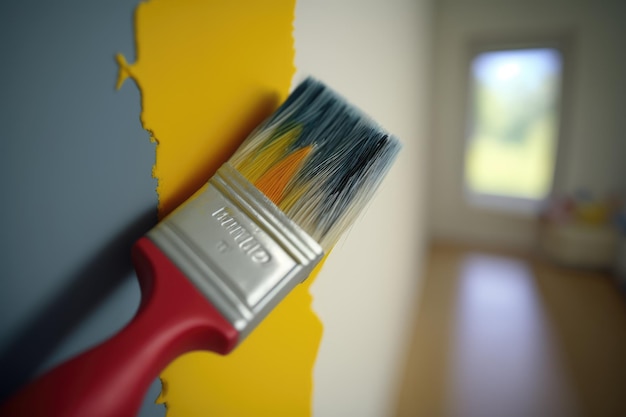 Aproximação do pincel pintando os detalhes finais das paredes de um apartamento