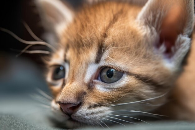 Aproximação do rosto de felinos recém-nascidos com seus bigodes e olhos em foco criados com IA generativa