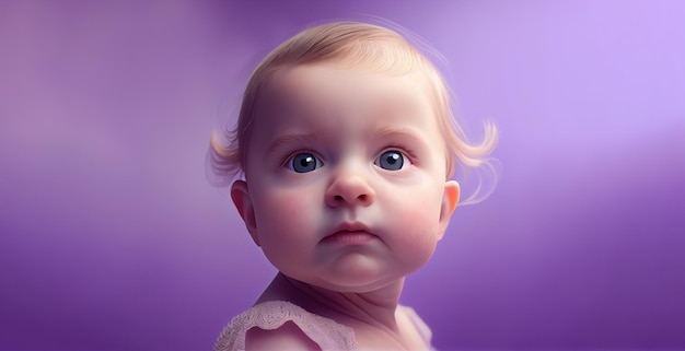 Aproximação do rosto de um bebê em um bebê adorável de fundo roxo com olhos grandes