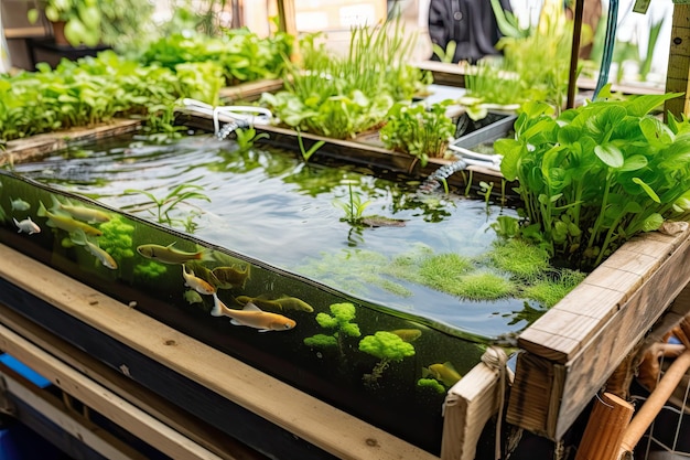 Aproximação do sistema de aquaponia mostrando peixes nadando e plantas crescendo criadas com IA generativa