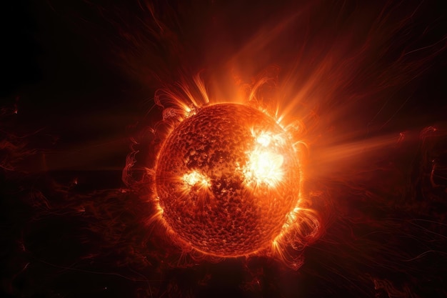 Aproximação do sol com explosões e chamas visíveis criadas com ai generativa