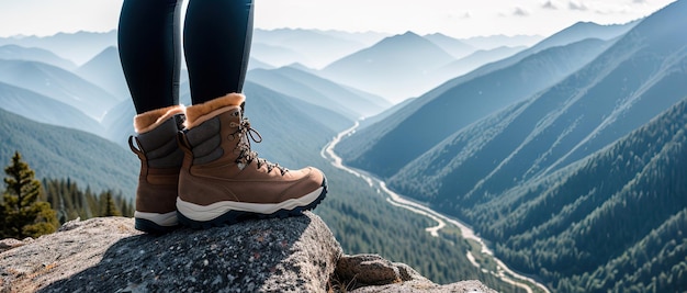 Aproximação dos sapatos de caminhada de um alpinista atravessando uma área montanhosa no topo de uma colina