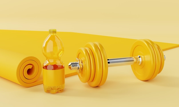 Aptidão do esporte definida com tapete de ioga, garrafa de água potável e halteres em fundo amarelo pastel. Conceito de fitness e esporte. Monocolor. Renderização de ilustração 3D