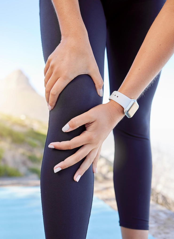Foto aptidão para dor no joelho ou mulher esportiva com lesão muscular ou na perna para treino de exercício ou treinamento de corrida no bem-estar do corredor da cidade do cabo e atleta com emergência médica ou articulação do joelho em esportes de saúde