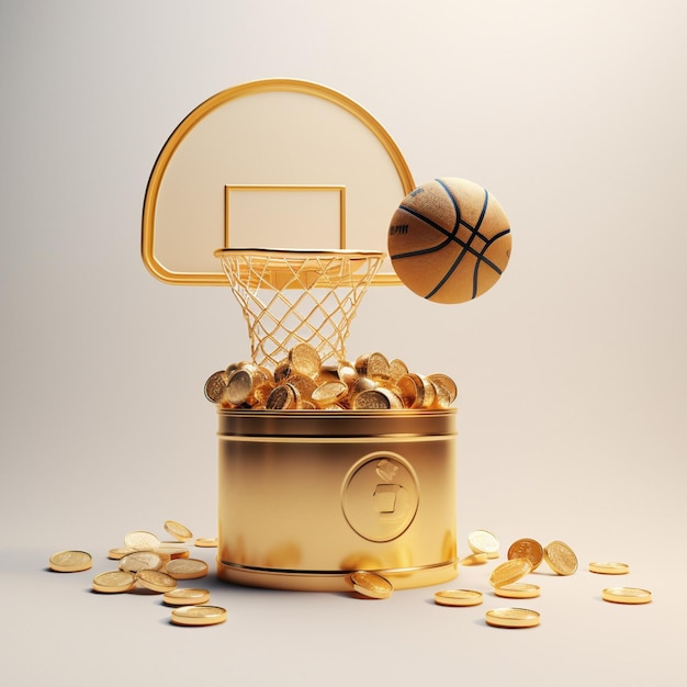 apuestas deportivas aro de baloncesto dorado y pelota de baloncestro con monedas de oro 3D