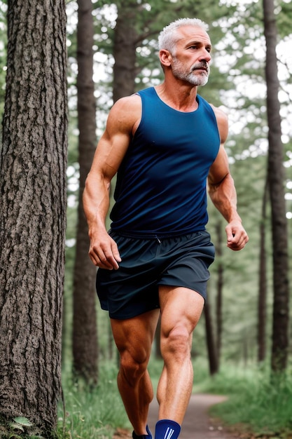 Apuesto anciano con un cuerpo musculoso en ropa deportiva corriendo en el parque generativo ai