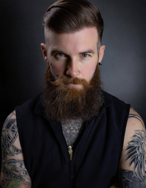 apuesto hipster en camisa hombre barbudo con tatuaje